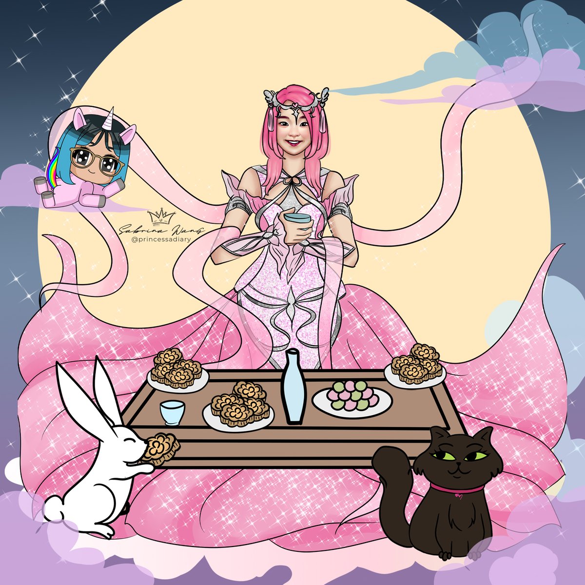 shopprincessa's tweet photo. 🌕 Happy mid-autumn festival! Celebrating unity and joy with mooncakes and lanterns! 🏮 Meet the 🐰 rabbit (hubby Ed) and unique People's Inc. 🦄 unicorn (Shar) in our festive artwork! #MidAutumnFestival #Celebration https://t.co/TR2EwFyGIR
