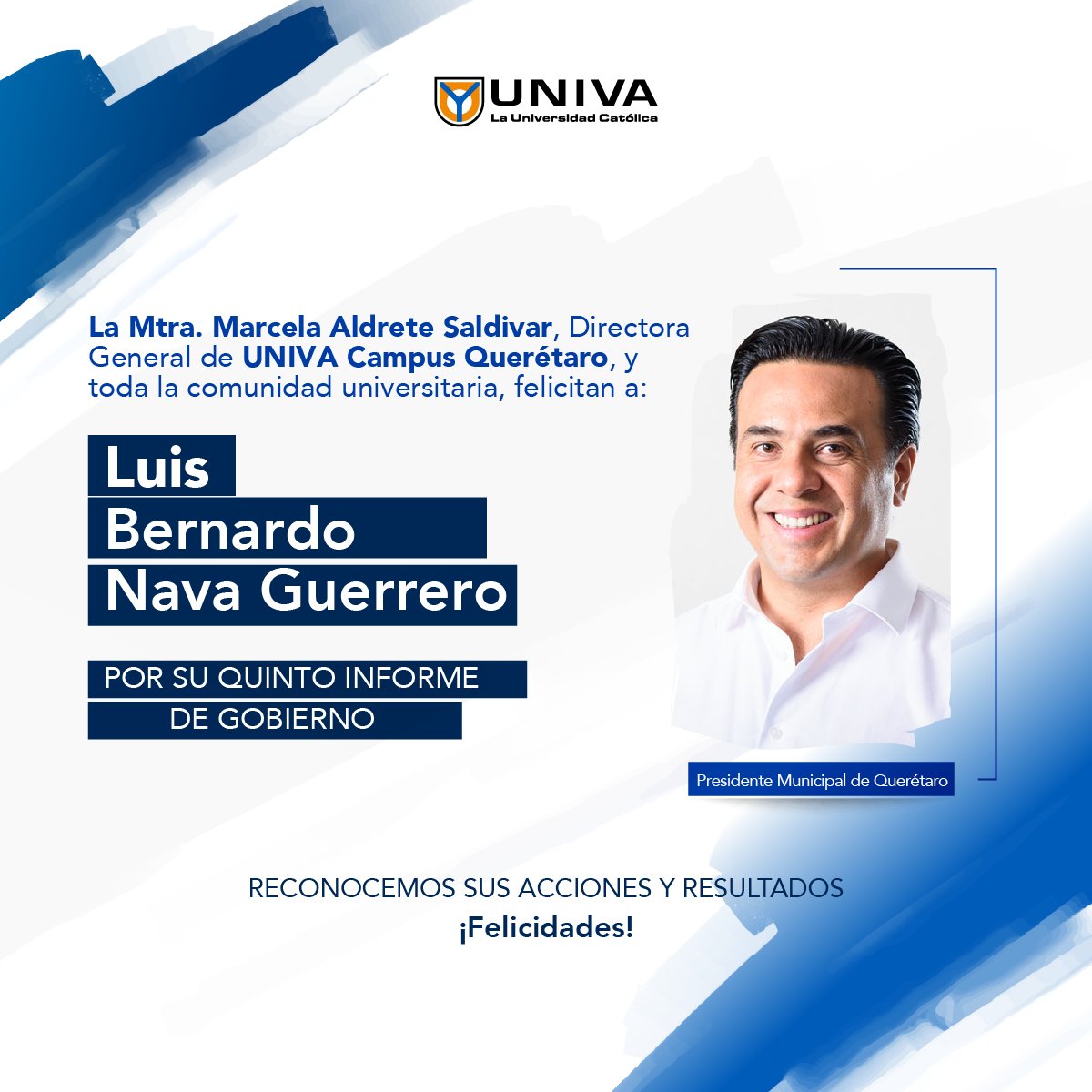 UNIVA_QRO's tweet photo. La Mtra. Marcela Aldrete Saldivar, Directora General de #UNIVA Campus Querétaro y toda la comunidad universitaria, felicitan @LuisBNava por su quinto informe de gobierno... RECONOCEMOS SUS ACCIONES Y RESULTADOS. #Felicidades https://t.co/tHdVNNFEb4