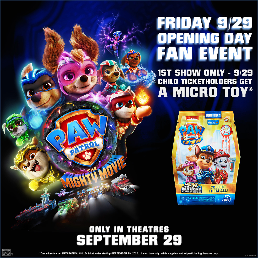 PAW PATROL: THE MIGHT MIOVIE - coming Friday!  Get tickets now and join us for our fist show of the day!  Visit metrotheatres.com or on the Metropolitan Theatres mobile app.
(Micro toys are while supplies last - first show of the day only)