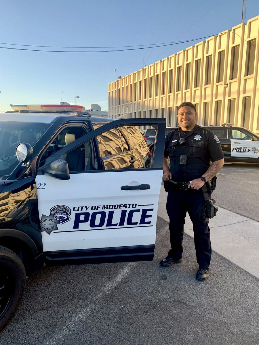 ModestoPolice's tweet photo. Now that's the smile of someone who just completed their field training! 

Way to go, Officer Solomon Foketi! 

Congratulations! 👏👏👏 

#ModestoPoliceDepartment  #ModestoPolice #NewToTheCrew https://t.co/O0ZaOiE1In