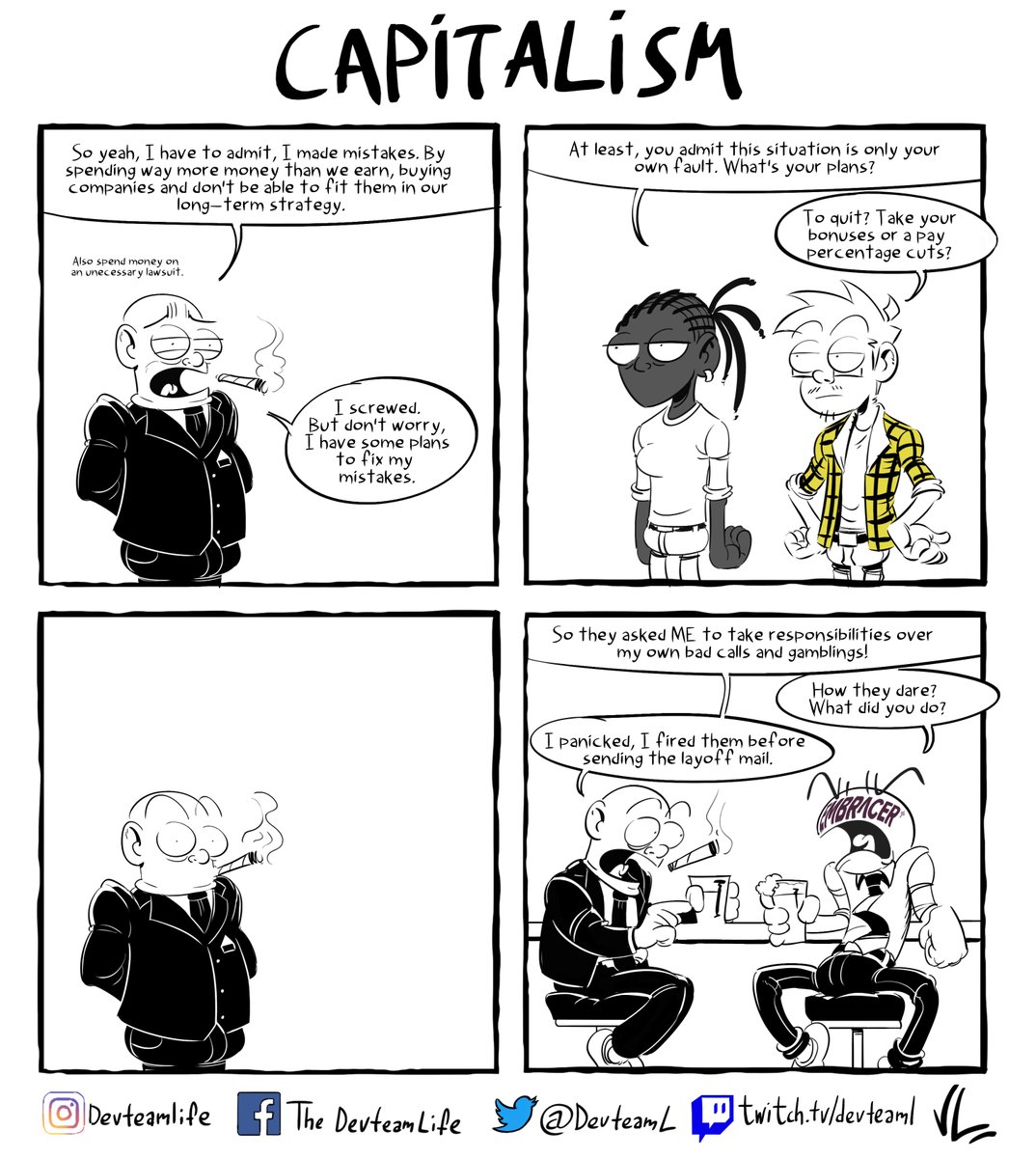 DevteamL's tweet photo. It is not the devs who have to pay the incompetence of the execs.
#gamedevs #videogamestudios #comics #strip #developers #devteam #gamedevjobs #videogames https://t.co/QNYQhjI2EW