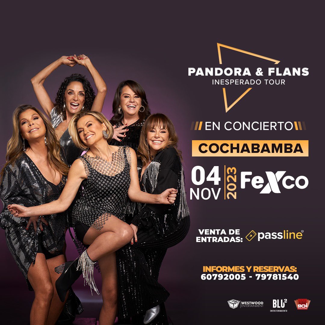¡Bolivia! #InesperadoTour llega  este 3  y 4 de noviembre  🙌🏻💥✨¡Estamos muy emocionadas de cantar y bailar con ustedes!

Consigue boletos en @PasslineBo 

#Flans #Pandora #pop #80s #musicapop #show #envivo #live #tour #popisnotdead #gira #Bolivia