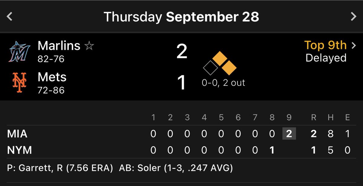 jfkooAN's tweet photo. This Marlins/Mets rain delay coming with the Marlins taking the lead in the 9th, being the last game of the season between the two clubs with no off days remaining, brings up the extremely rare possibility of applying OBR 7.02(b)(4)(A), with the score reverting to 1-0 Mets in 8. https://t.co/srpjhkKYXc