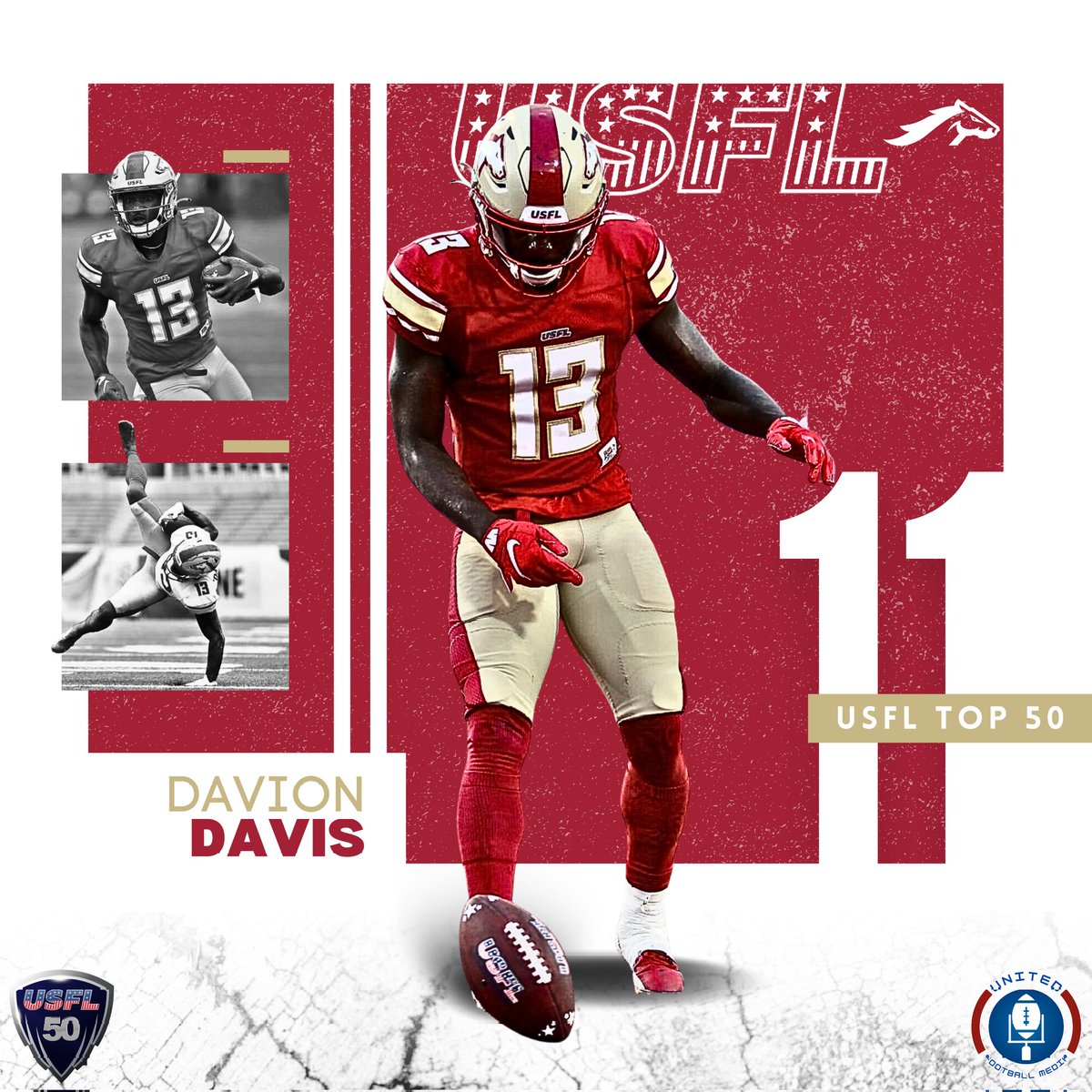 AceUFM's tweet photo. Coming in at # 11 on the #USFL50 is stud WR @14DDavis for the #Stallions! He had a knack for knowing where to be when McGough would scramble, which earned him 2nd in receiving yards and 4 touchdowns! Cardinals fans saw him absolutely dice up the Vikings in the preseason, this man is special! #USFL #GiddyUp #NSFL