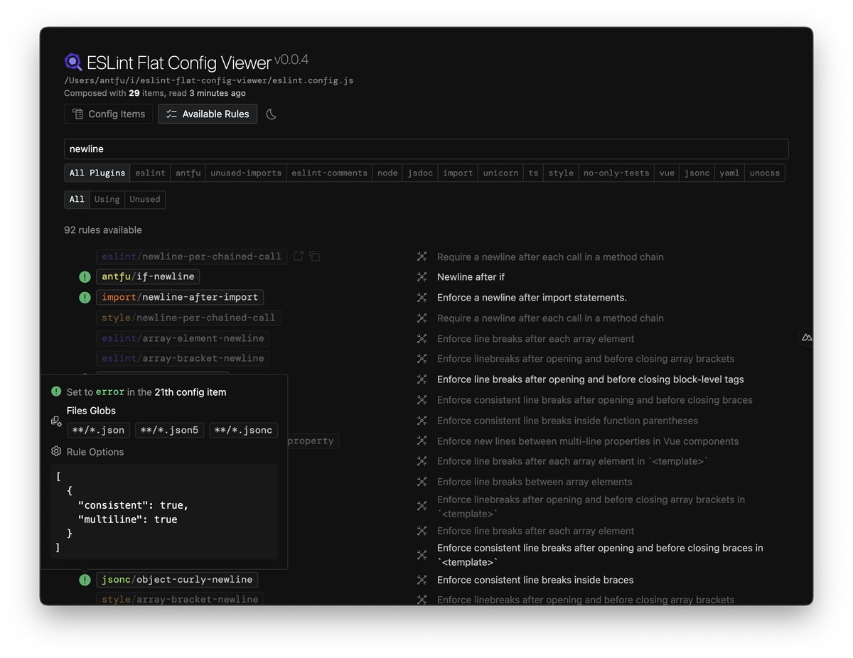 🔍 Made a Visualized Flat Config viewer for @geteslint. Hopefully, it would help to author high-quality eslint configs and rules discovery! @nuxt_js made the whole process so simple, built the app and shipped it to npm with only a few lines of code 😆 github.com/antfu/eslint-f…