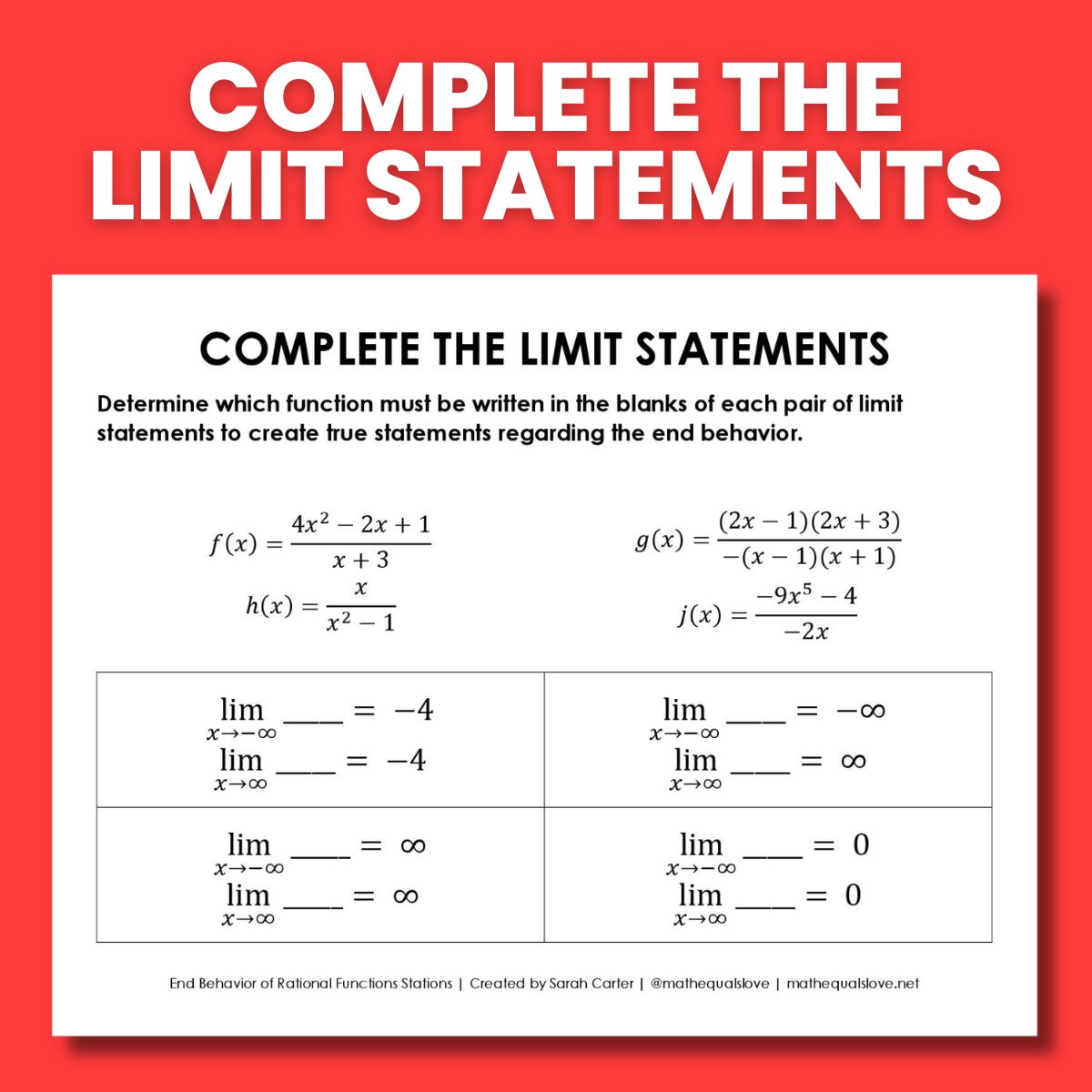 mathequalslove's tweet image. I&apos;m pretty proud of this set of stations activities I created for AP Precalculus to practice finding the end behavior of rational functions. 

My favorite of the stations is &quot;Building Rational Functions.&quot; 

mathequalslove.net/end-behavior-o…

#mtbos #iteachmath #apprecalculus #teach180
