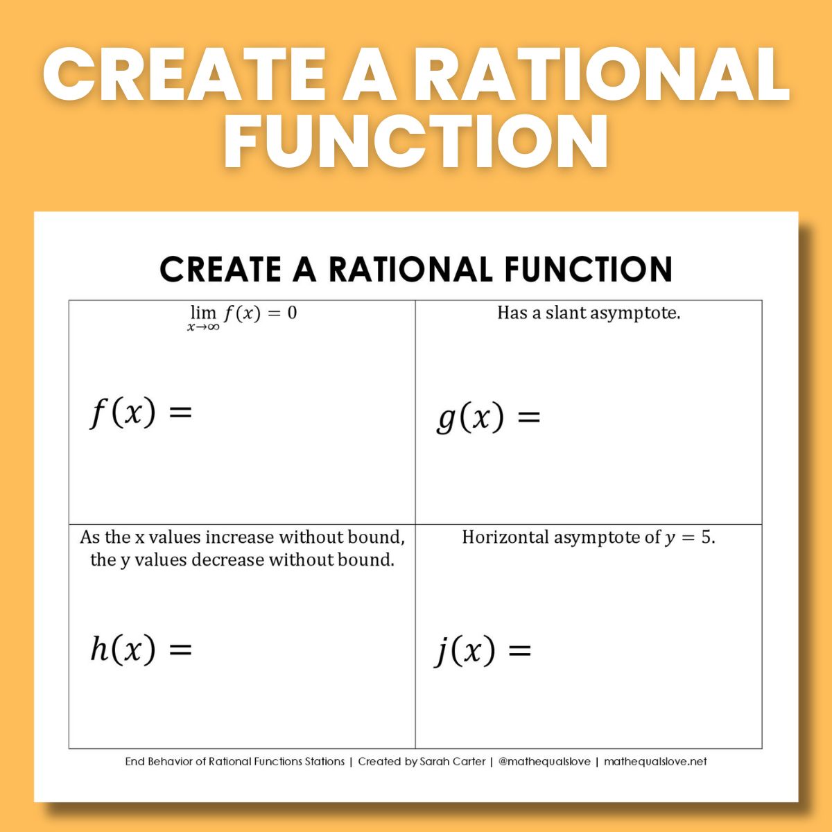 mathequalslove's tweet image. I&apos;m pretty proud of this set of stations activities I created for AP Precalculus to practice finding the end behavior of rational functions. 

My favorite of the stations is &quot;Building Rational Functions.&quot; 

mathequalslove.net/end-behavior-o…

#mtbos #iteachmath #apprecalculus #teach180