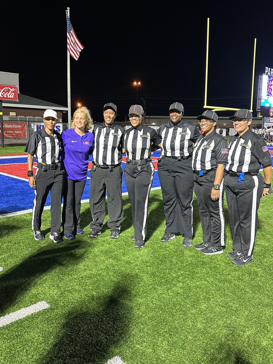 KimMulkey's tweet photo. Witnessing history.

Tonight, Marcia Cotton is leading the first all-female crew to call a Louisiana high school football game! #HerStory https://t.co/r8ohQVwwT8