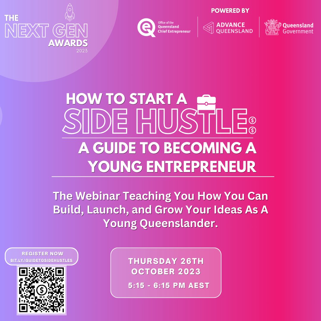 Join 'How To Start A Side Hustle' by BOP Industries. Learn to launch your business as a young person in Queensland. Hear inspiring young entrepreneurs' stories and get support! Get your free ticket at bit.ly/sidehustleyoun…. #youngentrepreneurs #BOPIndustries #AdvanceQueensland