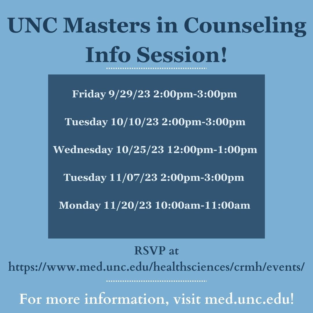 Want in pursuing a career in Clinical Mental Health Counseling or Clinical Rehabilitation Counseling? Come to one of the online info. sessions for the Clinical Rehabilitation and Mental Health Counseling Program at University of North Carolina at Chapel Hill!