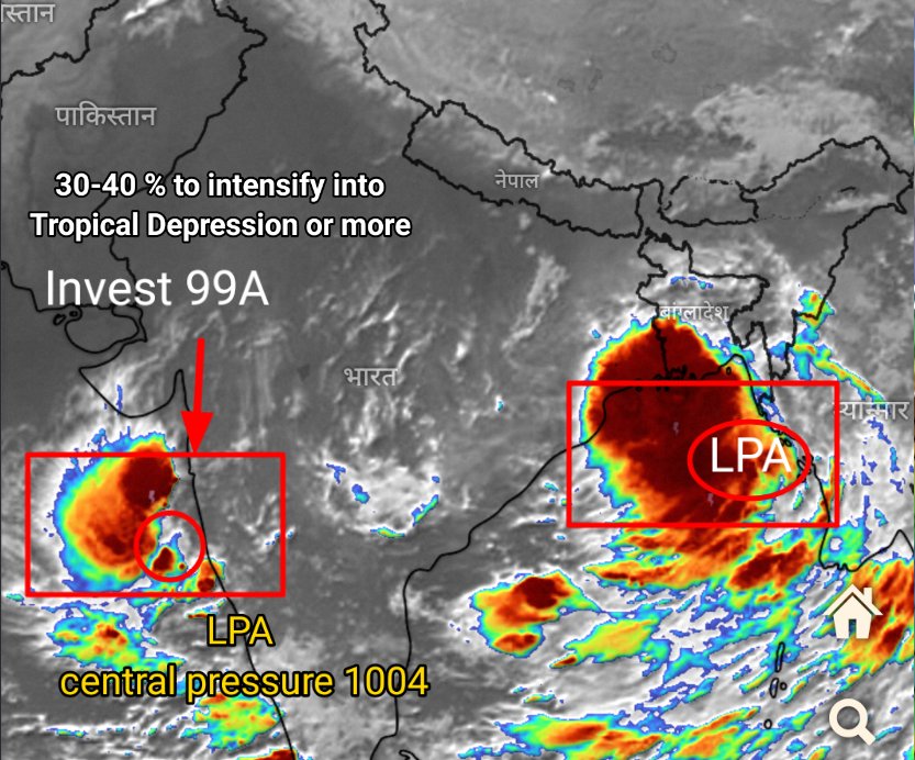 Monsoontv_india's tweet image. Invest 99A have formed near goa coast. according to JTWC ,It have Low chance to #intensify into #Depression or more. No warning issued by IMD .Another LPA have formed near #Myanmar coast.large convection seen near india coast.ready for good #rain over india @samvaish93 @Sani_bjp