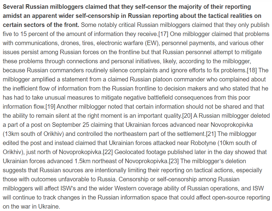 Several Russian milbloggers claimed that they self-censor the majority of their reporting amidst an apparent wider self-censorship in Russian reporting about the tactical realities on certain sectors of the front. isw.pub/UkrWar092823