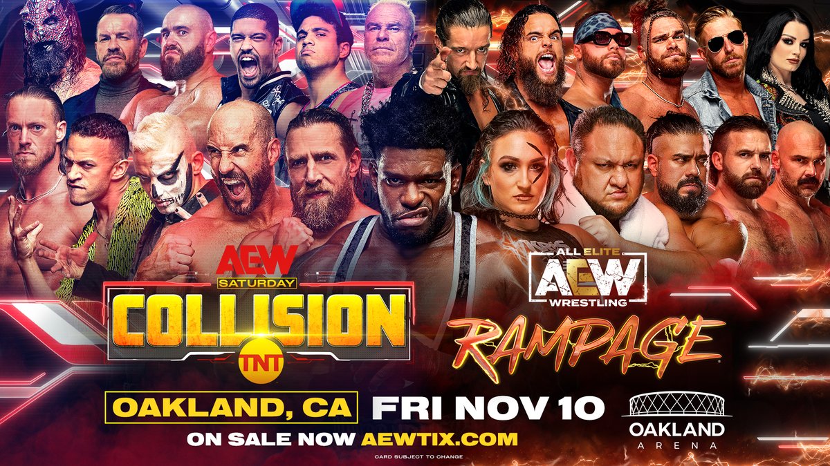 AEWLive's tweet photo. #AEW is coming to Oakland, California, for the first time ever on Friday, November 10th, for #AEWRampage LIVE &amp; #AEWCollision at @OaklandArena!

Tickets are ON SALE NOW!
🎟 https://t.co/FIJvZ729cr https://t.co/QNmgAweU2n