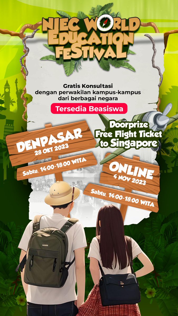 Konsultasi bareng kampus luar negeri yuk🥰🥰
dengan cara ikut NIEC World Education Festival 😆😆
nggak cuma konsultasi aja kok, tapi ada workshop gratis, games, entertainment, dan lain lain🥳🥳

so daftar sekarang juga! GRATISSSS

edufest.niecindonesia.com