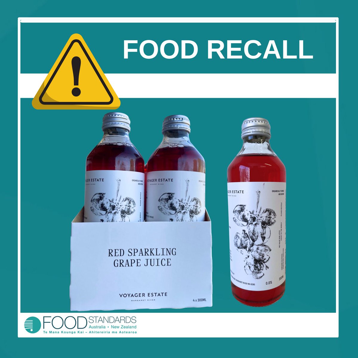 Food Recall Alert - Voyager Estate Sparkling Red Grape Juice 
Voyager Estate is conducting a recall of Voyager Estate Sparkling Red Grape Juice. The product has been available for sale at Voyager Estate in WA and online nationally
For more information see:
foodstandards.gov.au/industry/foodr…
