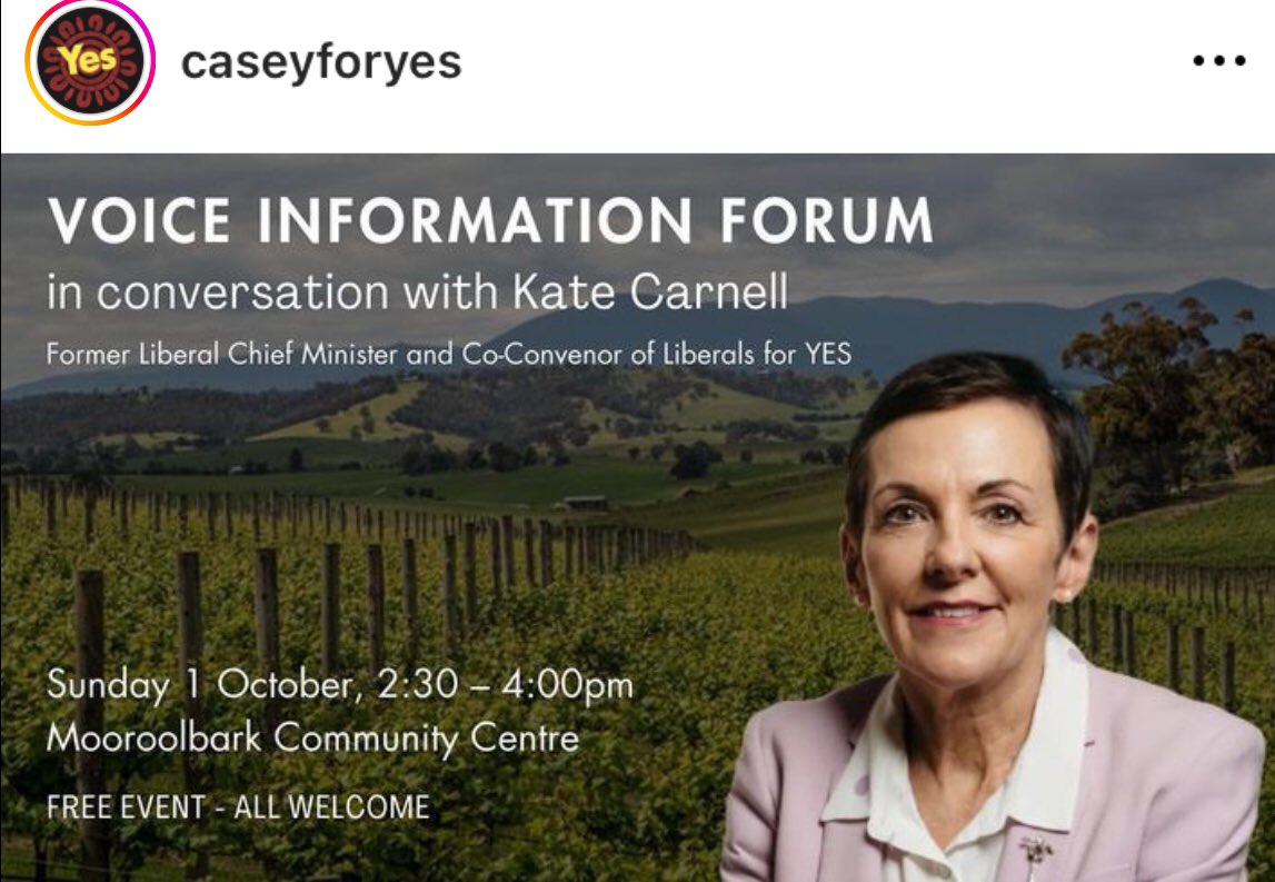 #VoteYES23Australia 

Don’t know, find out 🖤💛❤️

Community meeting at Mooroolbark Vic on Sunday 

#LiberalsForYes #CaseyForYes 

Details 👇