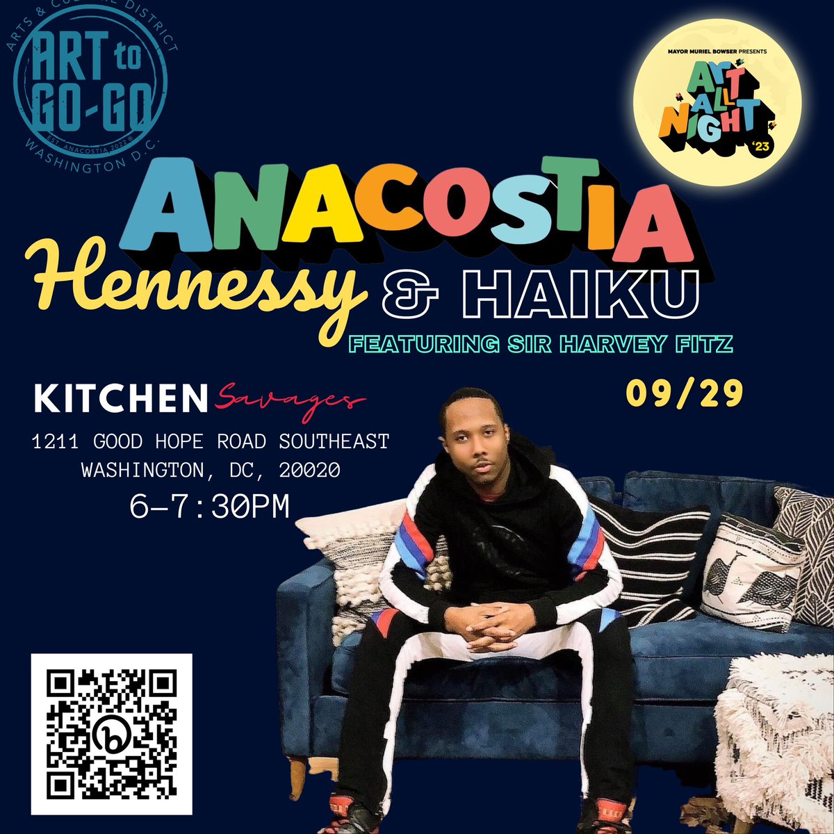 We are back outside for <a href="/DCArtAllNight/">DC Art All Night</a> #ANACOSTIA! I’m conducting a #Haiku workshop at #KitchenSavagesDC and performing some of ya fav from my book To Haiku’m It May Concern. There’ll also be a haiku contest for whomever wants to enter. Register for FREE➡️ bit.ly/HennessyAndHai…