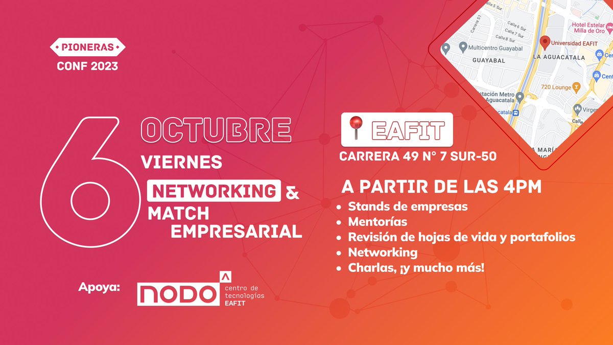 ¡El 6 de octubre, a las 4 pm, te esperamos en @nodo.eafit! 🚀 

Descubre oportunidades, networking, mentorías y charlas inspiradoras. ¡Impulsa tu carrera! Ingreso con boleta de la #PionerasConf2023. No te lo pierdas. 💼🌟

Haz match con el trabajo de tus sueños ✨