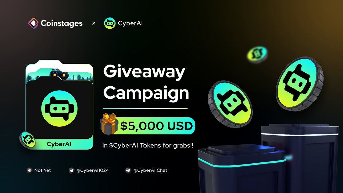 🥳We’re excited to announce our next #Giveaway with <a href="/CyberAI1024/">CyberAI</a>

🎁Prize Pool: $5000 in $CyberAI For 500 Lucky Winners

📄Task
➡️Follow <a href="/Coinstages/">Coinstages</a> &amp; <a href="/CyberAI1024/">CyberAI</a>
➡️Tag 3 Your Friends
😄Complete s.giveaway.com/106kume

🚨End October 2nd

#Giveaway #Airdrop #Crypto2023