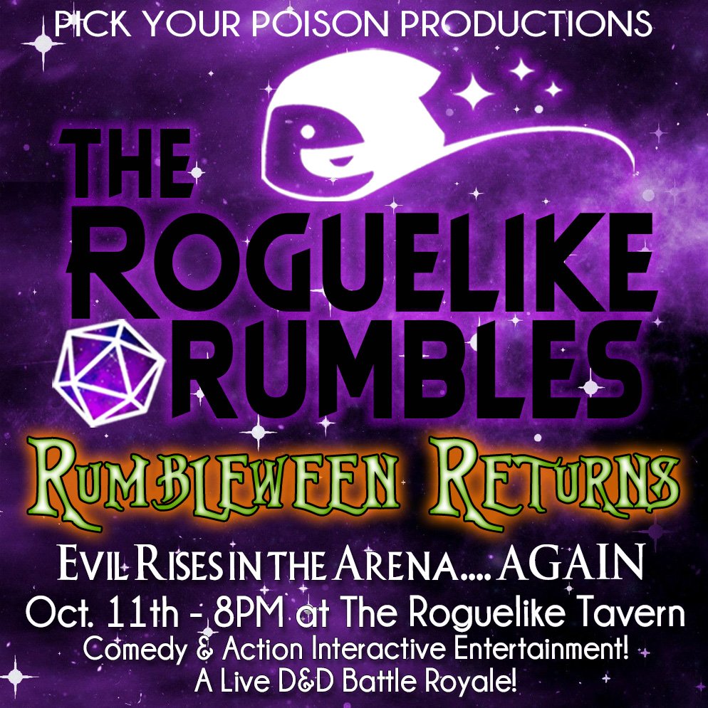 Coming next from @pickyourpoisonproductions, Rumbleween Returns! Our Halloween month game will be full of goulish goodness! Mark your calendars now, or beware! 💀🎃⚔️
#dnd #dungeonsanddragons #rpg #tabletopgames #rpgtabletop #ttrpg #pickyourpoison #halloween #spooky