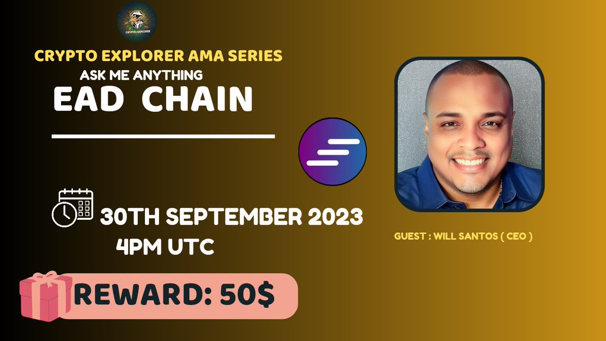 CryptoExplorerT's tweet photo. ⚔️CRYPTO EXPLORER #TelegramText AMA Series With EAD CHAIN
🎁Prize: 50$
📆Date: 30th September 2023
🧭Time: 4PM UTC
🏨 Venue:https://t.co/ezZ48IfKvC…
〽️ Rules:
1️⃣. Follow
@CryptoExplorerT
@learning_cash
2️⃣. Like Retweet & Comment Your Questions... https://t.co/klkww4aKIE