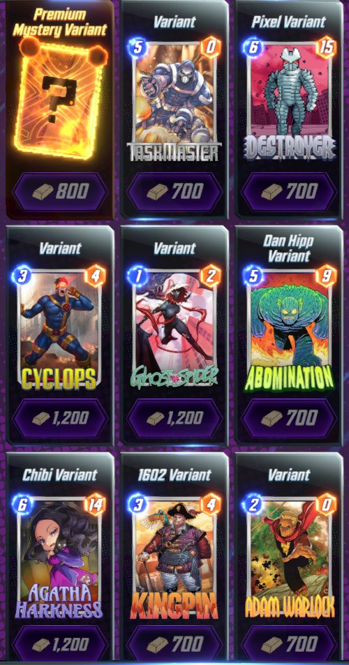 dddrewsky's tweet photo. 🛍️ Daily Offer for Variants! 🛍️
So many Rare variants in my shop! I'm waiting for a better unreleased Task. Cyclops is cool but his Alexander is better. I already have Artgerm Spider. 🧠
What's in your shop?! Make us jealous! 👀🤔
#MarvelSnap #variants #DailyOffer https://t.co/ZVW8J8CG6o