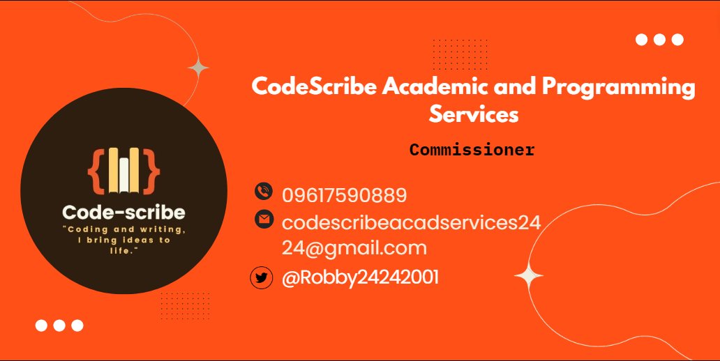 OPEN for commissions 
I'm here to provide immediate assistance with your task, and I'm offering a budget-friendly rate with the added bonus of FREE revisions. Feel free to send me a direct message; I'm confident I can deliver exactly what you need❤️😇😊🟠

#CodeScribeAcademic