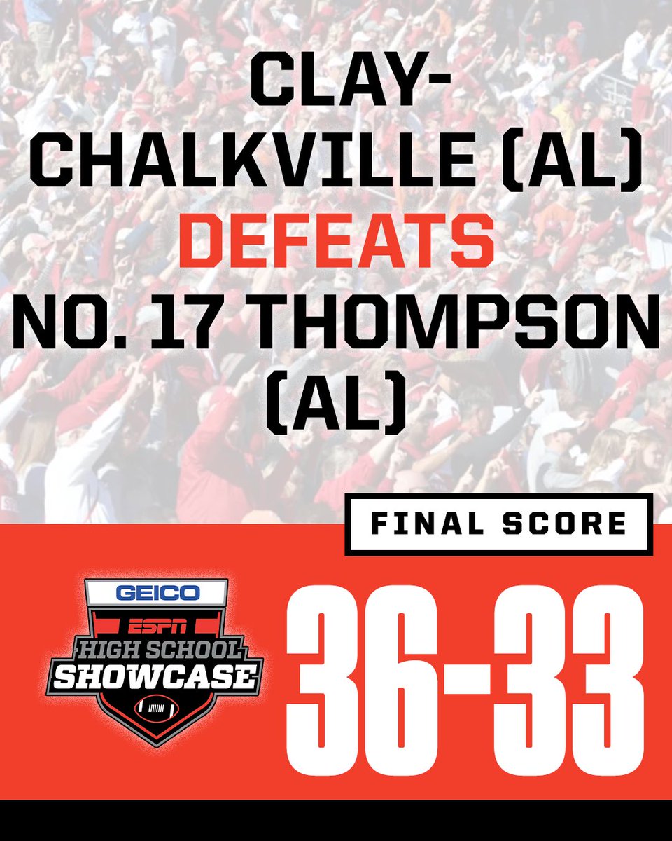 SCNext's tweet photo. FINAL

Clay-Chalkville (AL) 36
No. 17 Thompson (AL) 33 https://t.co/FZBVfj5ADC
