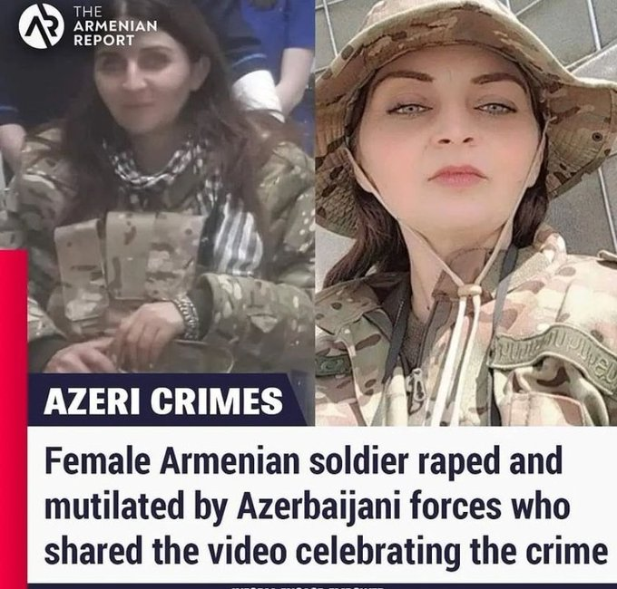 disidente87's tweet photo. La soldado armenia Anush Apetyan, madre de familia, fue capturada durante el último conflicto en Artasakh/Nagorno-Karabaj.

Después fue violada por soldados turco/azeríes, torturada, y amputados los ojos, los dedos y las piernas. Finalmente murió quemada viva. https://t.co/Fo5zyPsepy