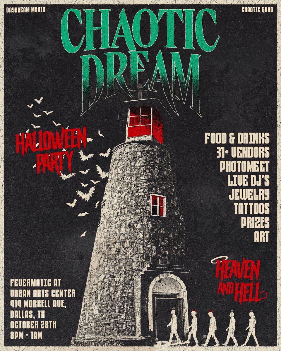 THE HALLOWEEN PARTY
CHAOTIC DREAM 
🗓️Saturday October 28, 2023 8PM-1AM
📍919 Morrell Ave., Dallas, TX!
🍔 FOODS, DRINKS
🎧 LIVE DJS
👻 31+ VENDORS
📸 PHOTO-MEET
🎃 TATTOOS
🖼️ ART
-
DJ &amp; MODEL LIST DROPPING SOON!
app.promotix.com/events/details…