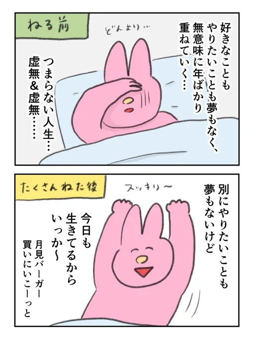 最近、鬱っぽかったので一気に14時間寝たら、思考が前者から後者に変わった。やっぱり睡眠って大事、、 