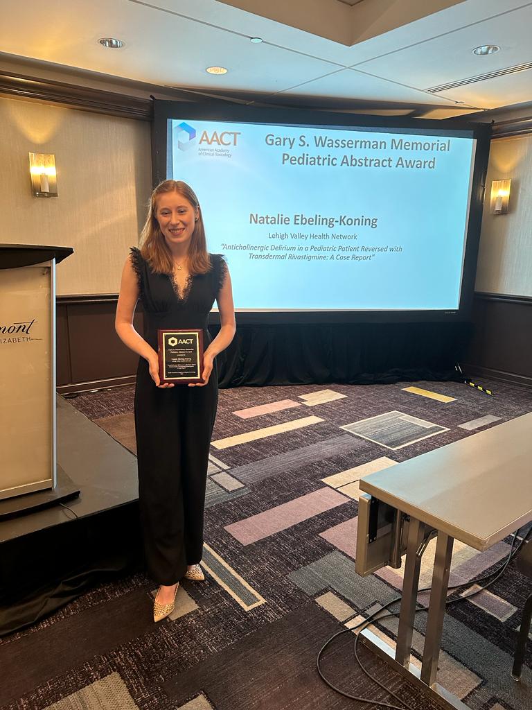 LVHN Medical Toxicology (@lvhnmedtox) on Twitter photo Congrats to #lvhnmedtox 2nd year fellow, <a href="/nat_ek26/">Natalie E-K</a>, recipient of the 2023 Gary S. Wasserman Memorial Pediatric Abstract Award for her abstract, "Anticholinergic Delirium in a Pediatric Patient Reversed with Transdermal Rivastigmine: A Case Report" at #NACCT2023 Congrats to #lvhnmedtox 2nd year fellow, <a href="/nat_ek26/">Natalie E-K</a>, recipient of the 2023 Gary S. Wasserman Memorial Pediatric Abstract Award for her abstract, "Anticholinergic Delirium in a Pediatric Patient Reversed with Transdermal Rivastigmine: A Case Report" at #NACCT2023