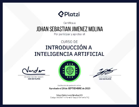 ¡Aprobé el Curso de Introducción a Inteligencia Artificial en @Platzi! #NuncaParesDeAprender 

<a href="/alarcon7a/">Carlos Alarcón</a>  <a href="/el_pachocamacho/">Francisco Camacho</a>  <a href="/silari_/">Sílvia Ariza (写为牙）</a>  Gracias por tanto.
