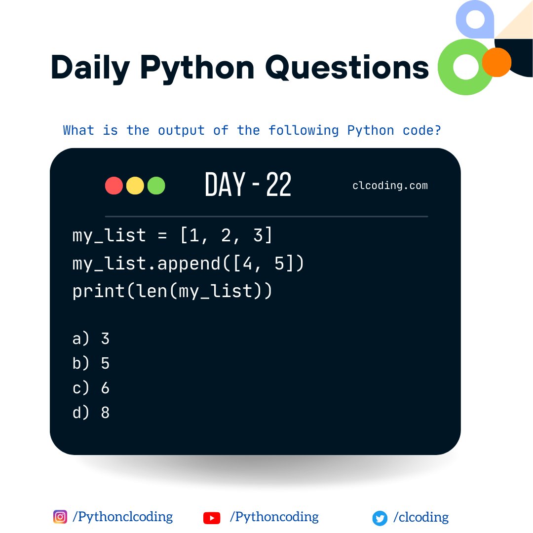 clcoding's tweet image. Python Coding challenge - Day 22
What is the output of the following Python code?