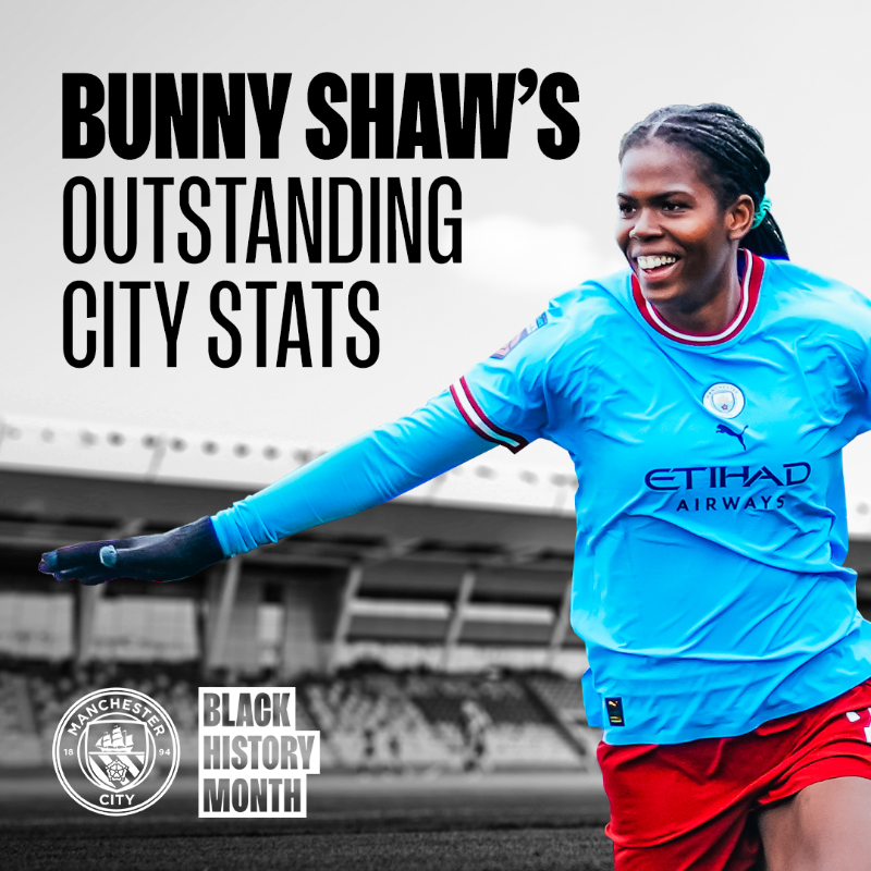 ManCity's tweet photo. Ahead of Black History Month, we take a look at the numbers behind Bunny Shaw's two seasons at City so far! 🔢 👇