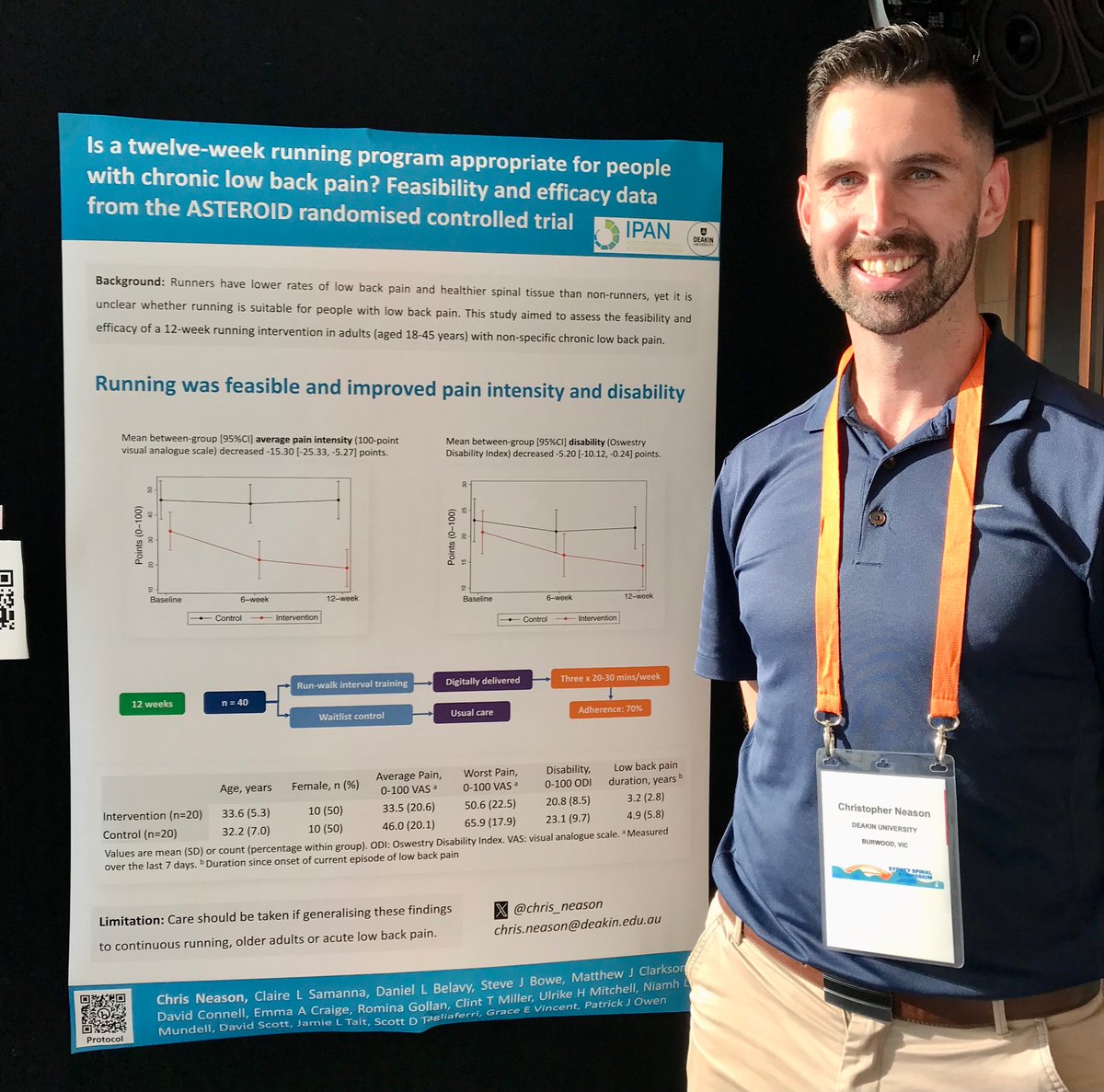 A 12-week #running  program was feasible and improved pain intensity and disability in adults with cLBP.

Grateful to present our poster at #SydneySpinalSymposium and chat with other passionate researchers 🤓

Full results dropping soon!

Protocol at bmjopensem.bmj.com/content/9/1/e0…