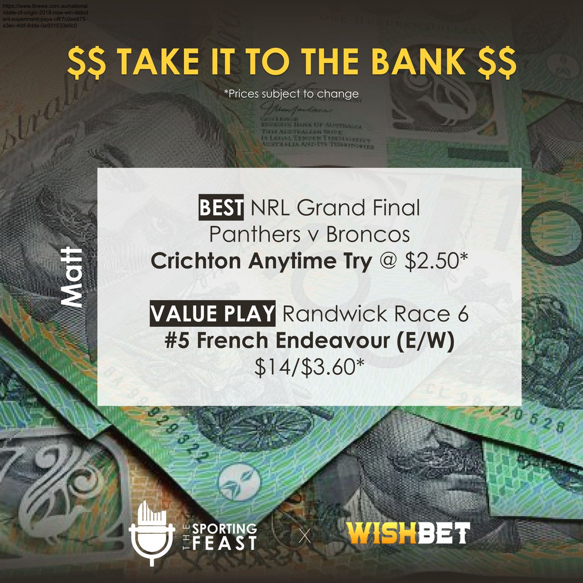 SportingFeast's tweet photo. With less than 10 tipping weeks remaining, it's time for Matt and Scobes to chase down current leader, Kingy! 🏉 🏇

Good luck and #Stayhungry

What is gambling really costing you?

#horseracing #sports #multi #takeittothebank #AFL #NRL #letsgo #randwick #sgm #winonly #broncos https://t.co/rZdunIWI52
