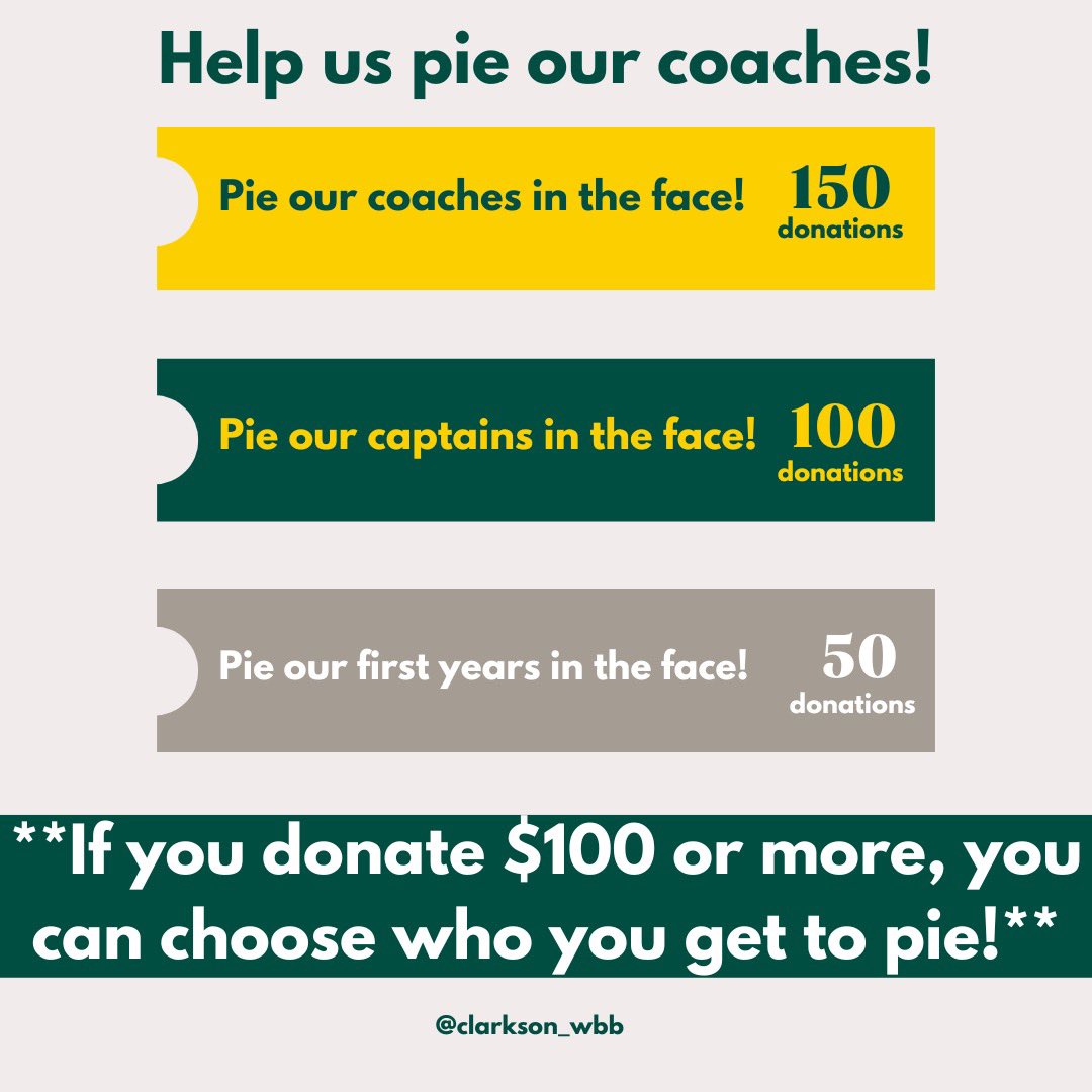 CU give challenge! Help us reach 150 donors to pie our coaches! Link to donate: givecampus.com/u7p23w