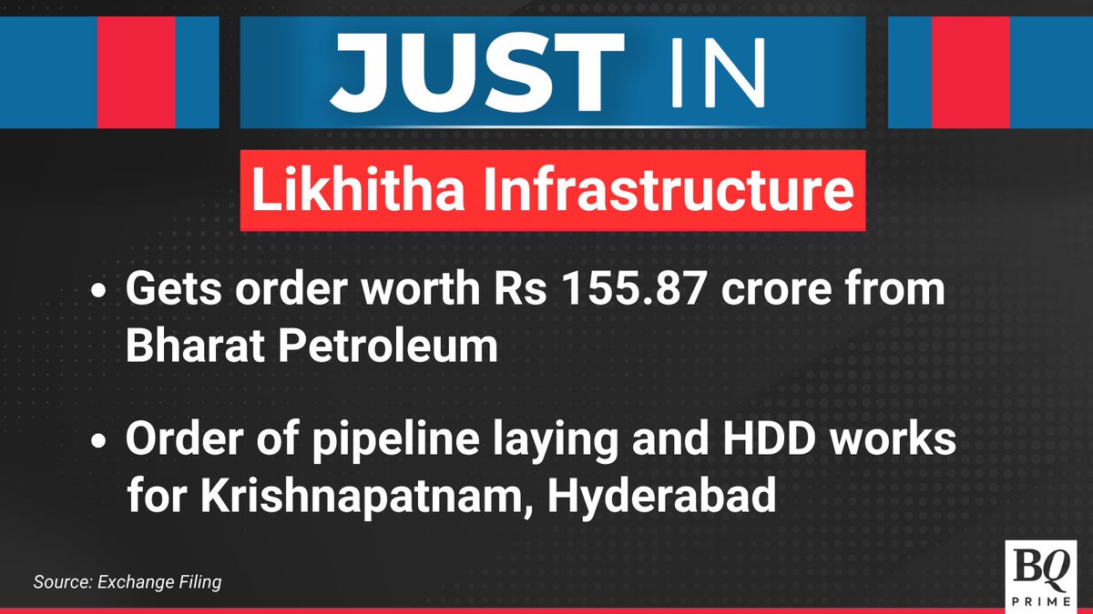 NDTVProfitAlpha's tweet photo. #LikhithaInfrastructure gets order worth Rs 156 crore from #BharatPetroleum.

For the latest news and updates, visit: https://t.co/gXeGqKQ77P https://t.co/DOaJBYQPaj