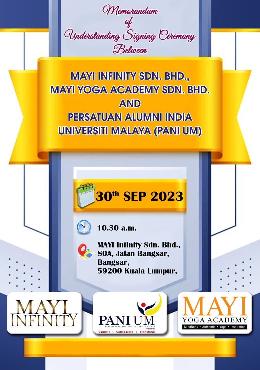 PANI UM is glad to inform all members with another strategic collaboration. This time PANI UM will be collaborating with MAYI Infinity Sdn. Bhd. & MAYI Yoga Academy Sdn. Bhd. for the benefit of PANI UM Life Members. 

Stay tuned!
#panium #lifemembers #mayiyoga #collaboration