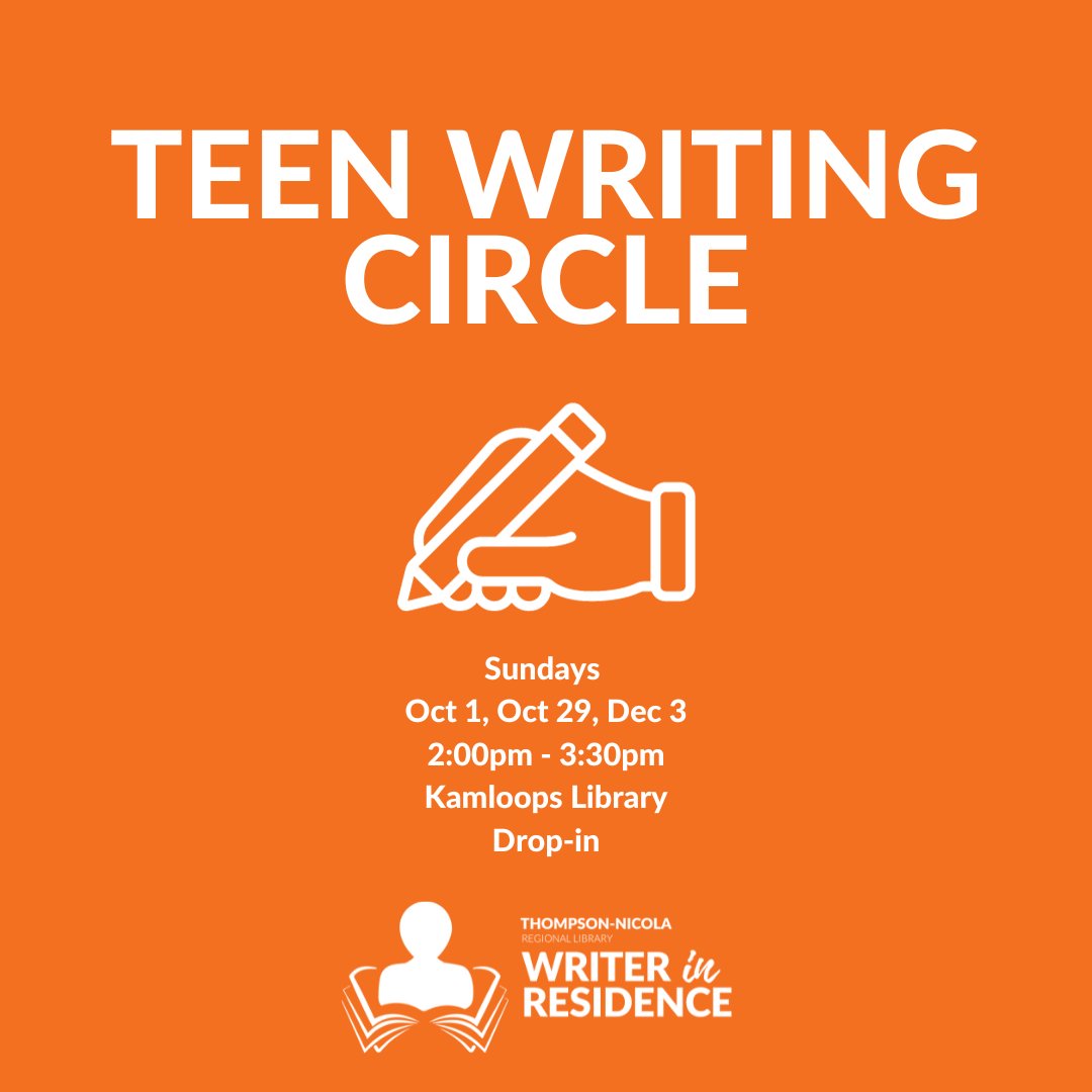 Thompson-Nicola Regional Library (@tnrlibrary) on Twitter photo Teens of #Kamloops, are you looking for an inclusive space to share your work and meet other writers?
Join our Teen Writing Circle, in partnership with the <a href="/KamloopsGallery/">Kamloops Art Gallery</a>, and hosted by our Writer in Residence, Jennifer Chrumka.
Details: tnrl.libcal.com/calendar?cid=-… Teens of #Kamloops, are you looking for an inclusive space to share your work and meet other writers?
Join our Teen Writing Circle, in partnership with the <a href="/KamloopsGallery/">Kamloops Art Gallery</a>, and hosted by our Writer in Residence, Jennifer Chrumka.
Details: tnrl.libcal.com/calendar?cid=-…