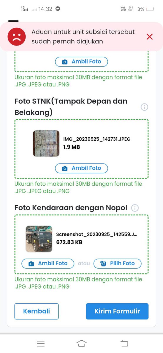 kweenisky's tweet photo. Saya sdh mencoba daftarkan kembali mobil tersebut menggunakan akun baru tapi tidak bisa (foto terlampir).
Mohon bantuannya bagaimana untuk solusinya? 
 Mobil kami nomor polisinya BG 8682 NL.
Terimakasih https://t.co/bXzUIe2Kem