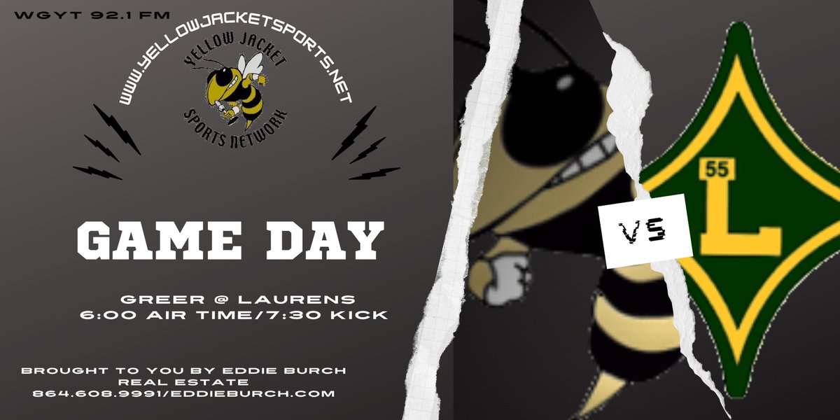 YJSN1's tweet photo. The Greer Yellow Jackets make their longest road trip of the season as they travel to open region play at Laurens. We hope to see you in the stands but if not, you can listen  on https://t.co/FWZheLXLhV or WGYT 92.1 FM. Thanks to @eddieburch for sponsoring the webcast! https://t.co/l8Bwlr4zXt