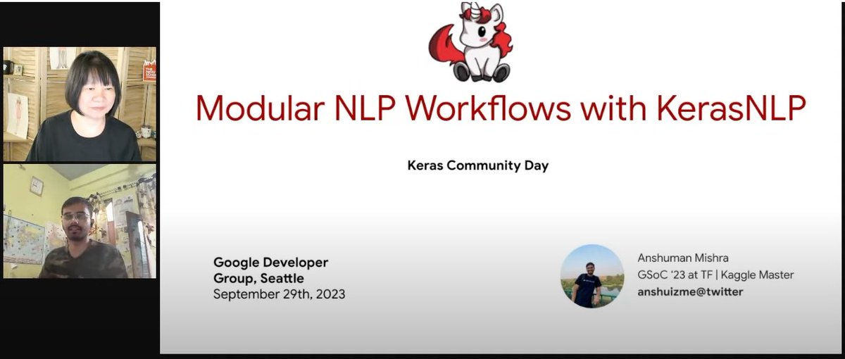 margaretmz's tweet photo. @ariG23498 Thanks for the great talk "Modular NLP Workflows with #KerasNLP" by @anshuizme (#GSoC23 at #TensorFlow | #Kaggle Master)! #KerasDay @GDGSeattle https://t.co/YGz5gmKyEg