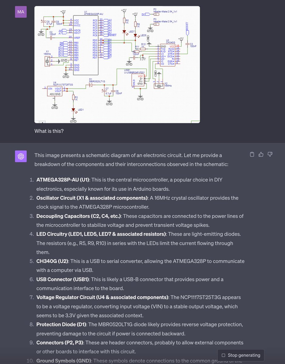 Great understanding of the electronics (schematics) of the Arduino design by GPT-4V