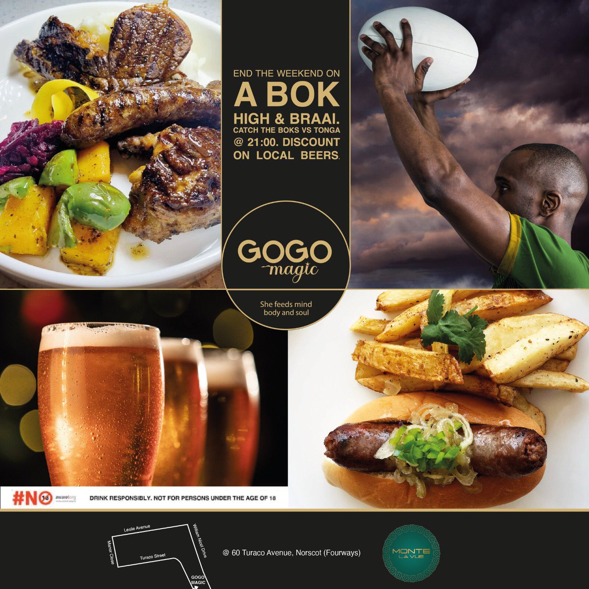 GogoMagic23's tweet photo. Bok matches are on weekends because the rugby Gods know the Mzansi family loves braaing. 

Join us for a weekend-long Bok braai. Address: Monte La Vue Boutique Hotel - 60 Turaco Street, Fourways

Open from 7am to 10pm on Saturdays. 1:30pm to 10pm on Sundays. Open mid-week as well https://t.co/Dr61dztrSP