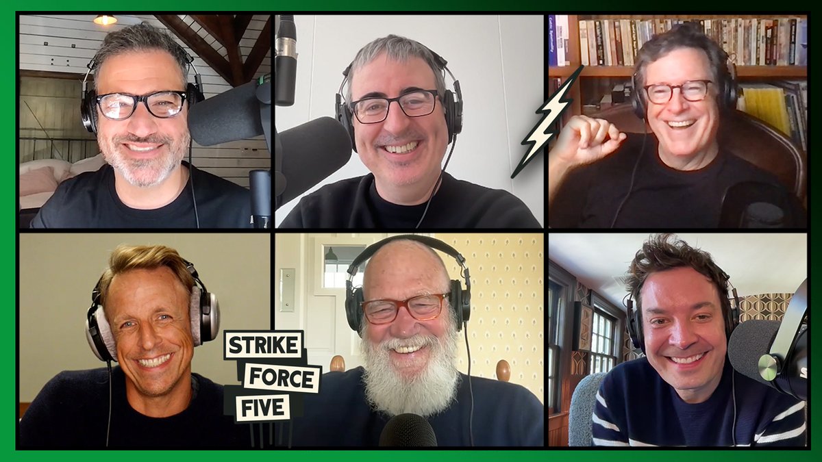 The #StrikeForceFive becomes six! David @Letterman joins the podcast! Listen now - spoti.fi/459QkYm @JimmyFallon @StephenAtHome @SethMeyers @IamJohnOliver @JimmyKimmel @SpotifyPodcasts