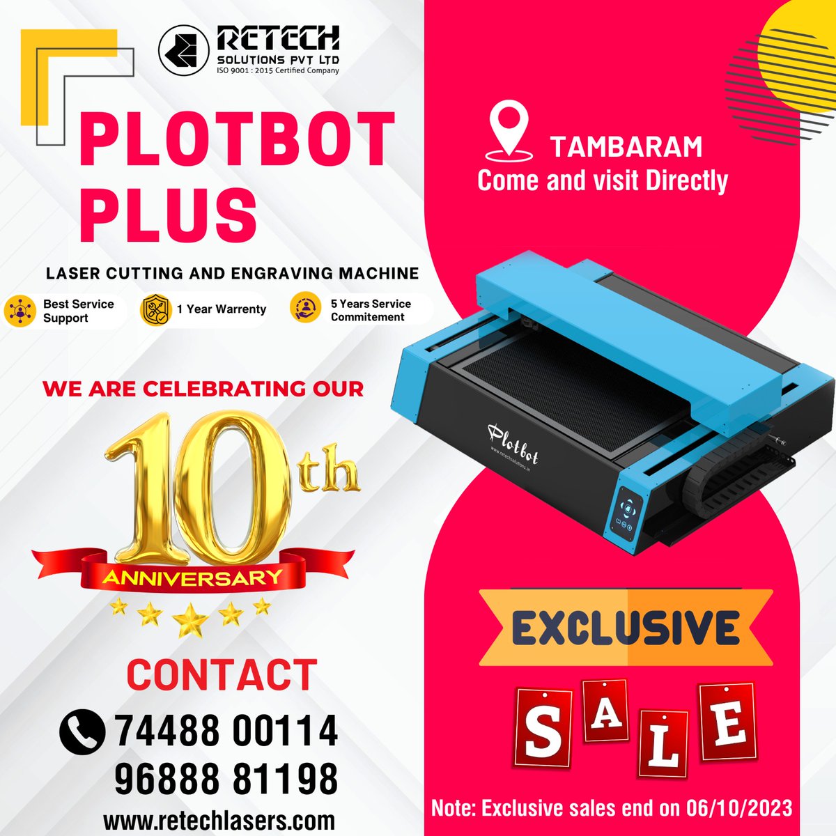 Retechlasers's tweet photo. HAPPY TO ANNOUNCE" that we are celebrating our company's 10th anniversary, and to mark this special occasion, we're offering exclusive sales on CO2 laser cutting and engraving machines. Don't miss out! Come and visit us directly.
For more details: 9688881198 | 74488 00114 https://t.co/Wc1AYkg5Ks