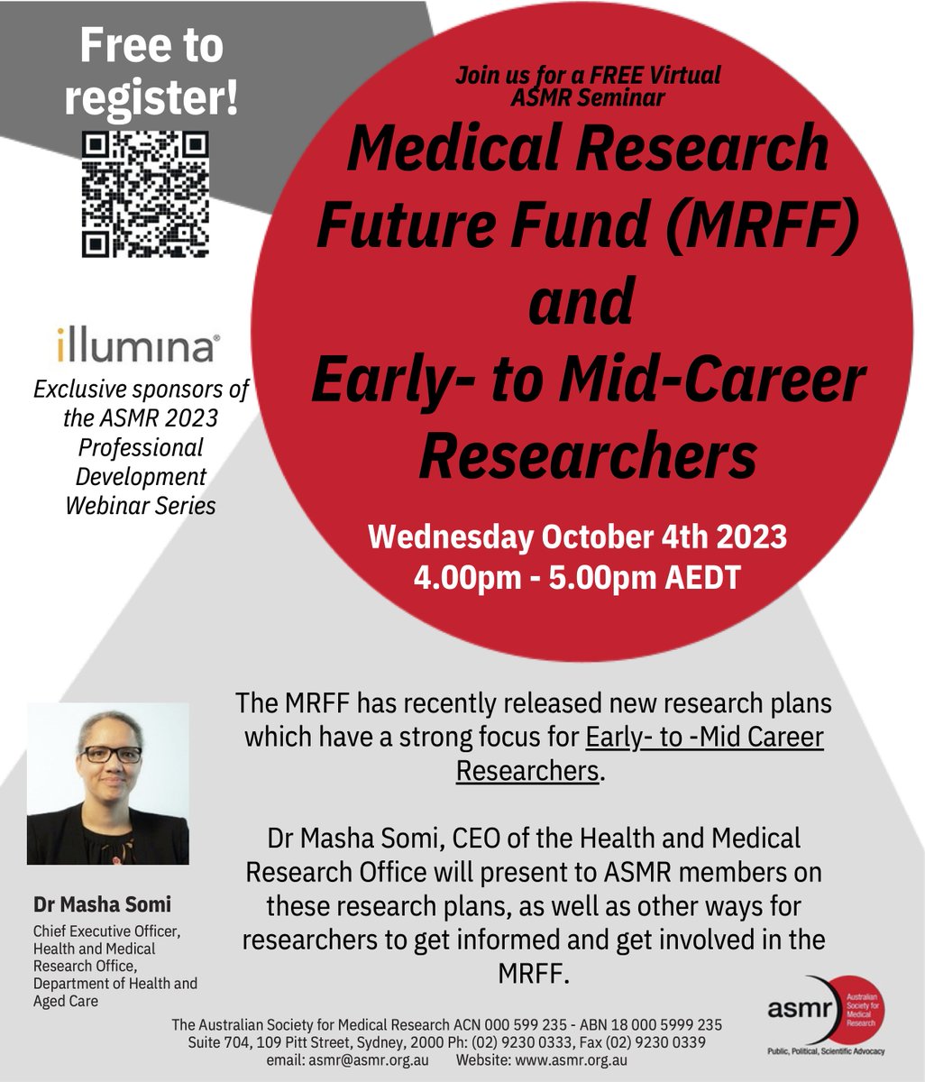 Don't forget to register for our free webinar where we will welcome Dr Masha Somi, CEO of the Health and Medical Research Office @healthgovau, to discuss how the new MRFF research plans will impact Early and Mid Career Researchers. When⏱: Wed Oct 4 4 pm AEDT | 3 pm AEST