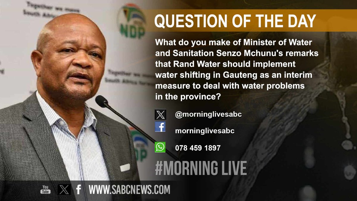 [QUESTION OF THE DAY]

What do you make of Minister of Water and Sanitation Senzo Mchunu's remarks that Rand Water should implement water shifting in Gauteng as an interim measure to deal with water problems in the province?

#MorningLive 
#SABCNews